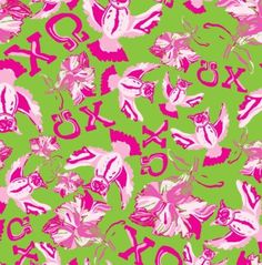 pink and green floral print fabric with the letters xo, o, and q on it