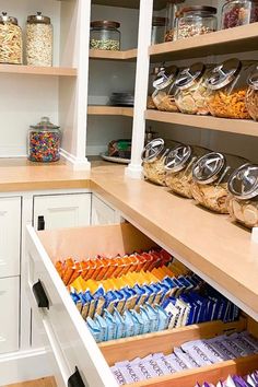 an organized pantry with lots of food items in the bins and on the shelves