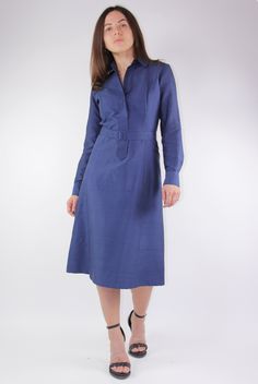 "SIZE: fits EU 36, UK 10, USA 6, general size S MATERIAL: 100% silk COLOR: night sky blue FEATURES: this silk dress is tailored of a soft yet thick low sheen silk fabric with rough finish on outside, but satin soft and shiny inside which is strong, durable and wrinkle resisting. The dress is slightly tailored at waist with soft A-line skirt and is intended to hit just bellow knee length. It has a belt with same material covered buckle around waist to accentuate a feminine figure. Feels close to Formal Long Sleeve Silk Dress For Summer, Indigo Dresses For Summer Workwear, Fitted Belted Shirt Dress For Formal Occasions, Fitted Long Sleeve Silk Dress For Summer, Formal Fitted Belted Shirt Dress, Summer Workwear Indigo Dress, Formal Silk Dresses In Solid Color, Knee-length Silk Dress For Work, Spring Silk Long Sleeve Dress For Work