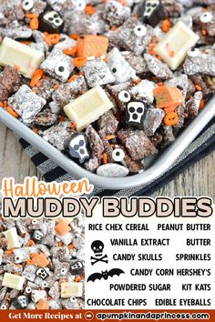 Halloween chex cereal muddy buddies with Halloween candy and sprinkles. Halloween Muddy Buddies, Muddy Buddy Recipe, Spooky Movie Night, Fun Halloween Drinks, Muddy Buddies Recipe, Easy Halloween Snacks, Candy Eyes, Halloween Treats Easy