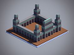 a low poly model of a castle with two towers and an arched doorway, on top of a platform