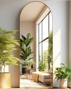 a living room filled with lots of plants next to a large mirror on the wall