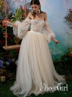 Lavish Beadings Bohemian Wedding Dress with Sleeves Pleated Tulle Detachable Skirt Wedding Gown AWD1630-SheerGirl Princess Dresses Aesthetic, Princess Dresses Kids Ball Gowns, Princess Dresses Kids, Wedding Dresses Whimsical, Fairy Wedding Dress, Fairy Tale Wedding Dress, Gaun Fashion, Fairy Wedding, Dream Dresses