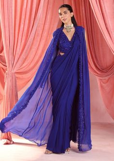 Seema Thukral-Alena Electric Blue Draped Sari And Jacket Set-INDIASPOPUP.COM Tulle Blouse, Blue Drapes, Sea Kelp, Skirt Blouse, Embellished Jacket, Dress Design Patterns, Draped Skirt, Skirt And Blouse, Indian Clothing