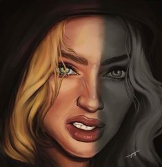 a painting of a woman's face with blue eyes and blonde hair, on black background