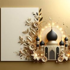 an islamic greeting card with gold and black decorations