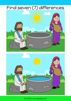 jesus and mary washing their hands in the water, with text that reads find seven differences between