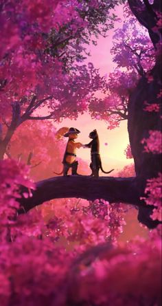 two dogs sitting on a tree branch in the middle of a forest with pink flowers