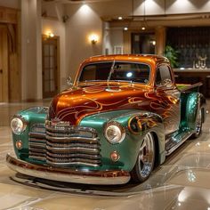 an antique car is on display in the lobby