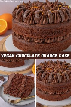 the cake has chocolate icing and oranges on it