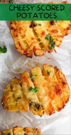 three cheesy potato cakes on wax paper with the title overlay above it