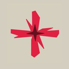 a red cross with an arrow on the center and one point at the top, in front of a gray background