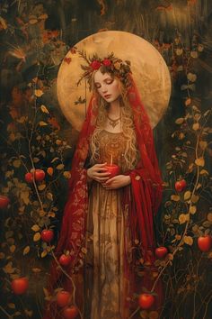 a painting of a woman holding an apple in front of a full moon and flowers