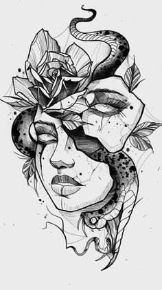 a drawing of a woman's face with a snake on her head and roses in her hair