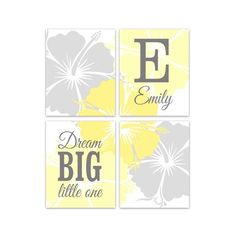 four yellow and gray wall art pieces with the letter e, dream big little one