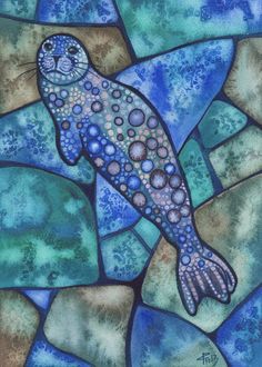 a painting of a blue fish with bubbles on it's body and an animal in the background