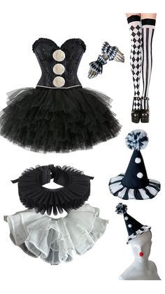 several different types of costumes and accessories are shown in this set, including hats, stockings, gloves, headbands