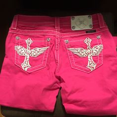 Brand New Miss Me Jean Capris In Hot Pink With Bling And Crosses/Angel Wings On Back Pockets. Size 26. Equal To About A Size 3-4. Angel Wings On Back, Wings On Back, Hot Pink Pants, Miss Me Pants, Jean Capris, Nike Pro Shorts, Y2k Clothes, Y2k Jeans, Pink Jeans