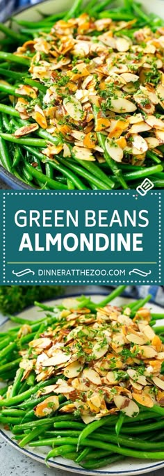 green beans with almonds and parsley on top in a white plate, next to another dish