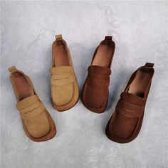 Chunky Low Heels Penny Loafers Cowhide Leather Slip-On Shoes in Khaki Dark Coffee 35 36 37 39 40 - Morimiss.com Intentional Wardrobe, Casual Office Outfits, Shoes For Work, Backless Loafers, Comfy Flats, Chubby Fashion, Online Shopping Shoes, Flats Online, Dark Coffee