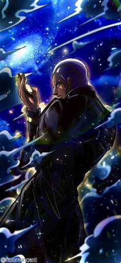 an anime character is holding something in his hand and looking up at the sky with stars