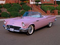 Pastel Convertible Car, Pink Convertible Aesthetic, 1957 Ford Thunderbird Pink, Pink Convertible Car, Pink Thunderbird, Pink Mustang, Car Pink, Thunderbird Convertible, 60s Cars