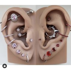 there are many different types of piercings in the human ear and behind it is a fake head