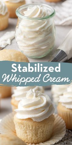 vanilla cupcakes with whipped cream frosting on top and in the background, there is