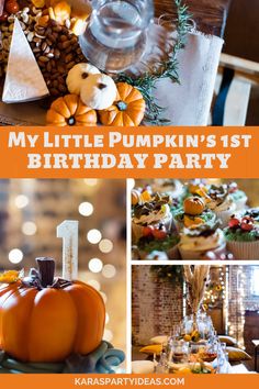 pumpkin themed birthday party with cupcakes and decorations