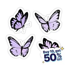 purple butterflies stickers on white background with sale sign in the foreground and 50 % off