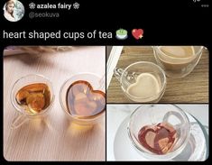 some tea cups with hearts in them and the words heart shaped cups of tea on top