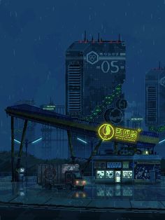 an animated image of a gas station in the rain at night with neon lights on