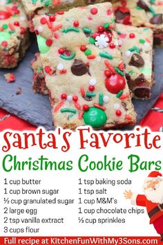 santa's favorite christmas cookie bars recipe with instructions on the front and back cover