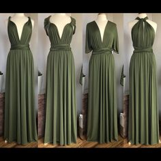 three different views of the same dress on mannequins, one in green