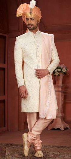 Pink and Majenta color Sherwani in Silk fabric with Embroidered, Sequence, Thread work Luxury Pink Sherwani With Resham Embroidery, Luxury Pink Sherwani For Diwali, Luxury Pink Sherwani With Pallu, White Lehenga, Wedding Sherwani, Wedding Pink, Silk Wedding, Waist Chain, Thread Work