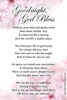 a poem with pink flowers on it and the words goodnight, god's blessing