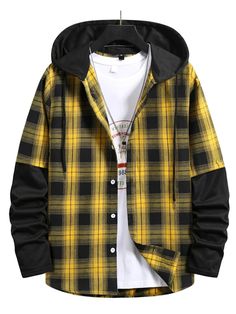 Casual Shorts Men, Winter Outwear, Plaid Shirt Men, Jaune Orange, Mens Flannel, Long Sleeves Jacket