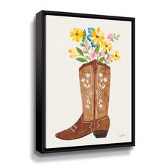 a painting of a cowboy boot with flowers in it on a white background framed canvas