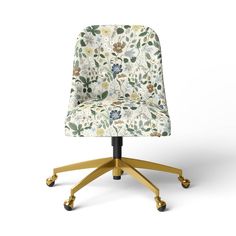 an office chair with a floral upholstered seat and casteors on the wheels