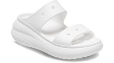 For a fresh new take on your favorite sandal, look to the Classic Crush Sandal. Featuring added height and a bold design, this dynamic new sandal features the popular and versatile two-strap design, plus Jibbitz™ holes on the sandal straps for personalization. The Crocs comfort you love, plus an extra dose of height, attitude, and style.  Crush Sandal Details:    Stylish two strap design  Unique 2-inch / 5.2cm height, measured from floor to heel rest  Customizable with Jibbitz™ charms  Iconic Cr White Synthetic Double Strap Footbed Sandals, White Double Strap Footbed Sandals, Synthetic Double Strap Platform Slides, Trendy Synthetic Double Strap Slides, Trendy Double Strap Synthetic Slides, Casual Double Strap Slides With Arch Support, Casual Double Strap Synthetic Slides, Casual White Double Strap Sport Sandals, White Double Strap Sport Sandals With Cushioned Footbed