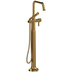 a brass colored faucet with the handle extended