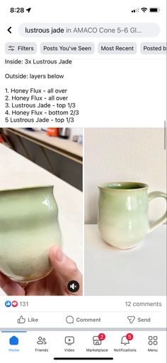 a hand holding a green mug on top of a white counter next to an instagram page