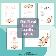 the pink floral editable wedding bundle is shown in four different colors and font options