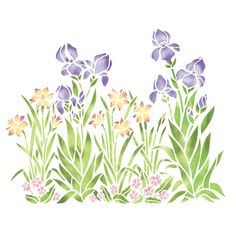 Large Iris, Daffodil and Violet Garden Wall Stencil Iris Stencil Free Printable, Nautical Stencils, Chair Rails, Clock Stencils, Shabby Chic Stencils, Art Deco Stencil, Stenciled Pillows, Violet Garden, Mural Stencil