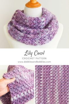 a crocheted scarf is shown with the words lily cowl written below it