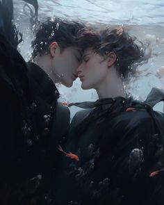 two people are kissing in the water with their heads close to each other's backs