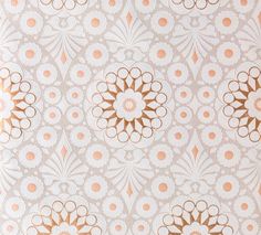 an image of a wallpaper with flowers and circles in gold on white background ornament