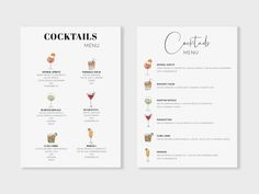 the menu for cocktails is shown in white and has different types of drinks on it