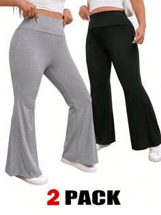 Women's Plus Size 2pcs Pack Black & Grey Flared Leggings Multicolor Casual   Knitted Fabric Plain Regular Medium Stretch  Women Plus Clothing, size features are:Bust: ,Length: ,Sleeve Length: Gray Full-length Moisture-wicking Yoga Pants, Versatile Full-length Leggings With Ribbed Waistband, Home Gym On A Budget, Gray Full-length Yoga Pants With 4-way Stretch, Affordable Gray Full-length Leggings, Breathable Full-length Gray Leggings, Bell Bottom Leggings, Home Gym Essentials, Stylish Activewear