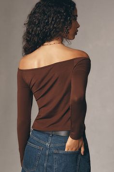 The Reformation Anneliese Knit Top features an off-the-shoulder silhouette with fitted, long sleeves. | Anneliese Knit Top by Reformation in Brown, Women's, Size: Medium, Spandex/Tencel at Anthropologie Stretch Off-shoulder Long Sleeve Top For Fall, Chic Fitted Off-shoulder Top For Fall, Fitted Chic Off-shoulder Top For Fall, Fitted Off-shoulder Winter Tops, Winter Fitted Off-shoulder Tops, Fitted Off-shoulder Knit Top, Stretch Long Sleeve Off-shoulder Top For Fall, Fitted Long Sleeve Off-shoulder Top For Fall, Fall Long Sleeve Fitted Off-shoulder Top